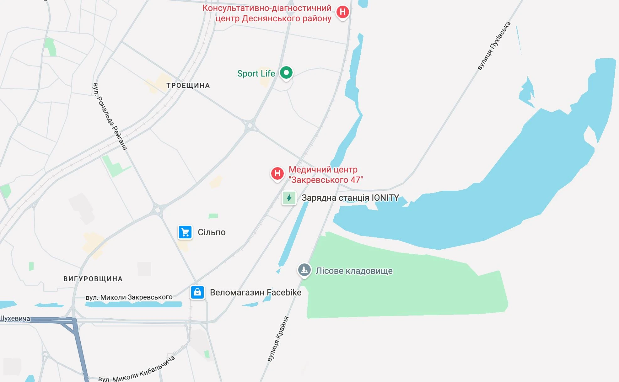 Карта розташування офісу на вулиці Миколи Закревського, 22 у Києві